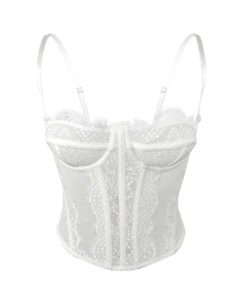 Corset de Encaje Transparente con Push Up para Mujer, Top Bustier con Ballenas y Tirantes, Top Corto Sexy