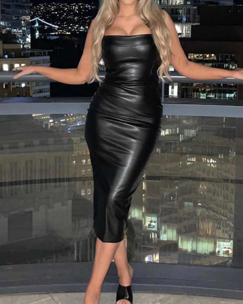 Vestido Maxi de Cuero Ajustado y Sexy con Tirantes para Mujeres Curvilíneas