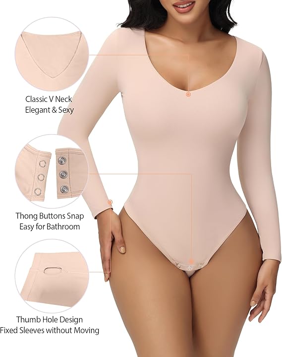 Shapshe® Bodysuits Femeninos Sin Costuras de Manga Larga con Escote en V, Control de Abdomen, Tanga, Moldeadores
