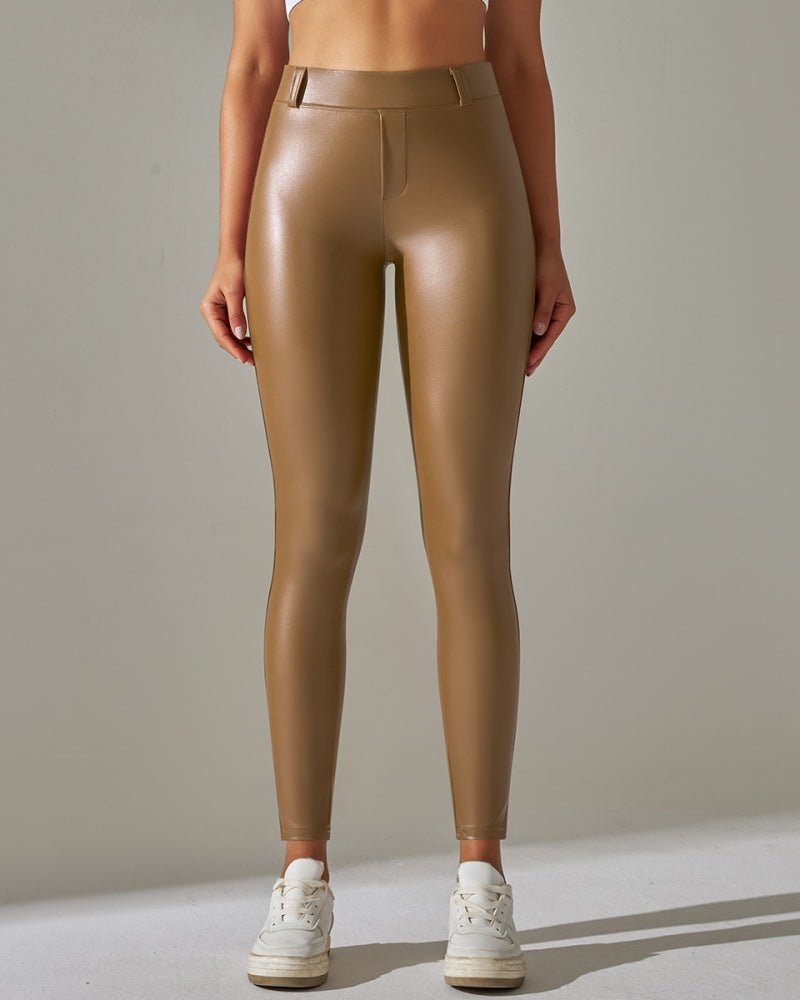 Pantalones de cuero PU de cintura alta ajustados para deportes y yoga slim