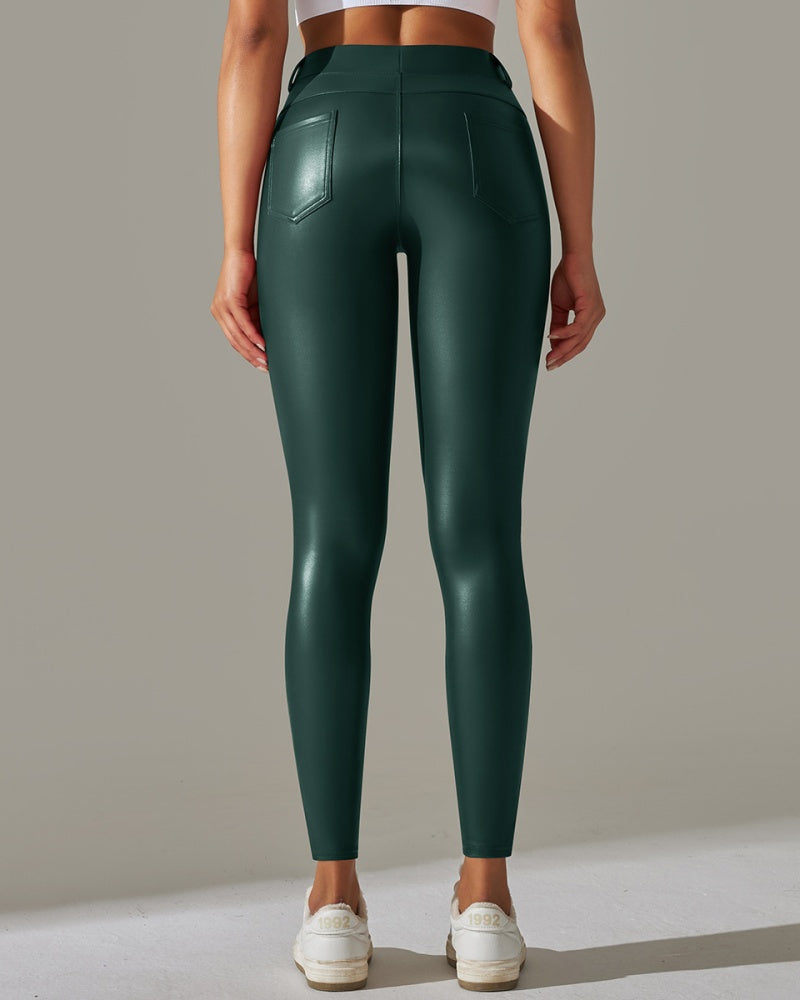 Pantalones de cuero PU de cintura alta ajustados para deportes y yoga slim