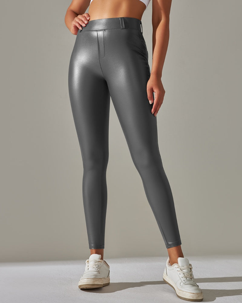 Pantalones de cuero PU de cintura alta ajustados para deportes y yoga slim