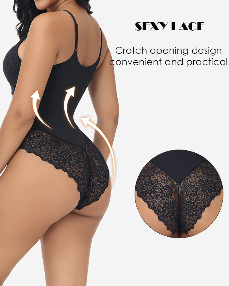 Body de encaje transparente para mujer, sin mangas, con tirantes finos tipo spaghetti, una pieza moldeadora