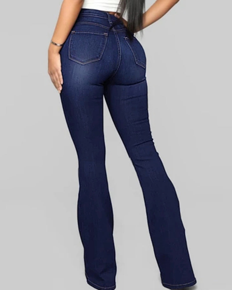 Jeans de Moda de Cintura Alta, Levanta Caderas, Ajustados y Acampanados Lavados