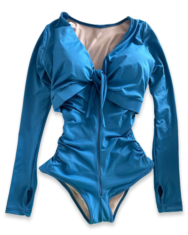 Shapshe® Traje de Baño con Faja Incorporada de Mangas Largas y Control de Abdomen Azul