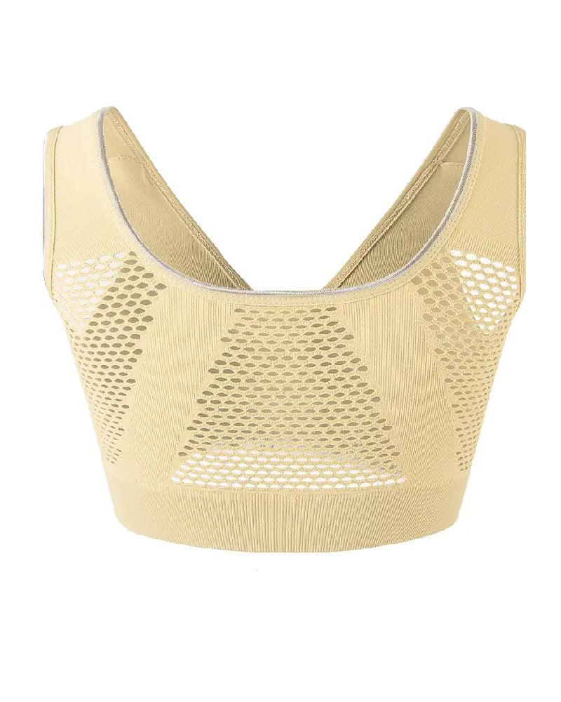 Sostén Deportivo Sin Aros para Mujer Talla Plus con Hebilla Frontal, Sólido, Transpirable y con Diseño Hueco