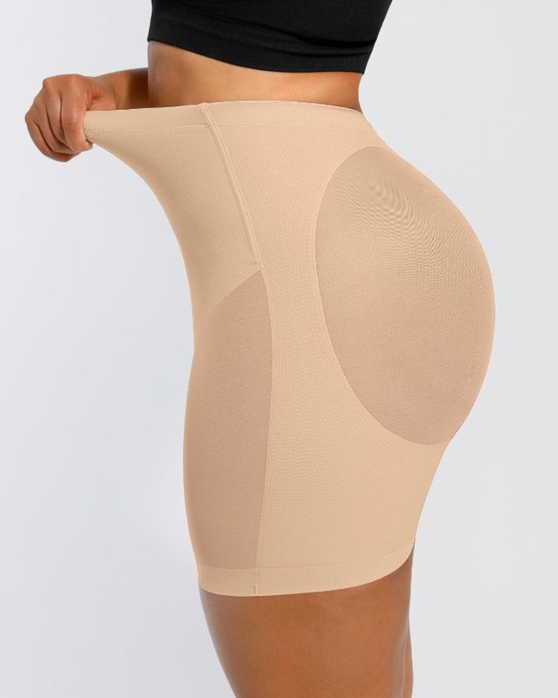 Shorts moldeadores de malla sin costuras para mujer, de cintura alta, reductor de muslos, ropa interior