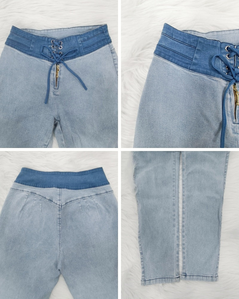 Jeans Skinny Ajustados con Cintura Elástica y Detalle de Cordones en la Parte Delantera para Mujer