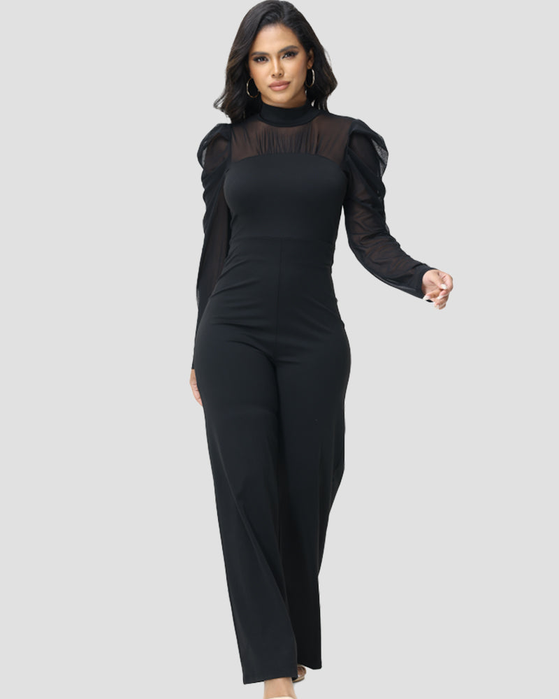 Mono de malla transparente para mujer con cuello alto, ajuste ceñido y piernas anchas