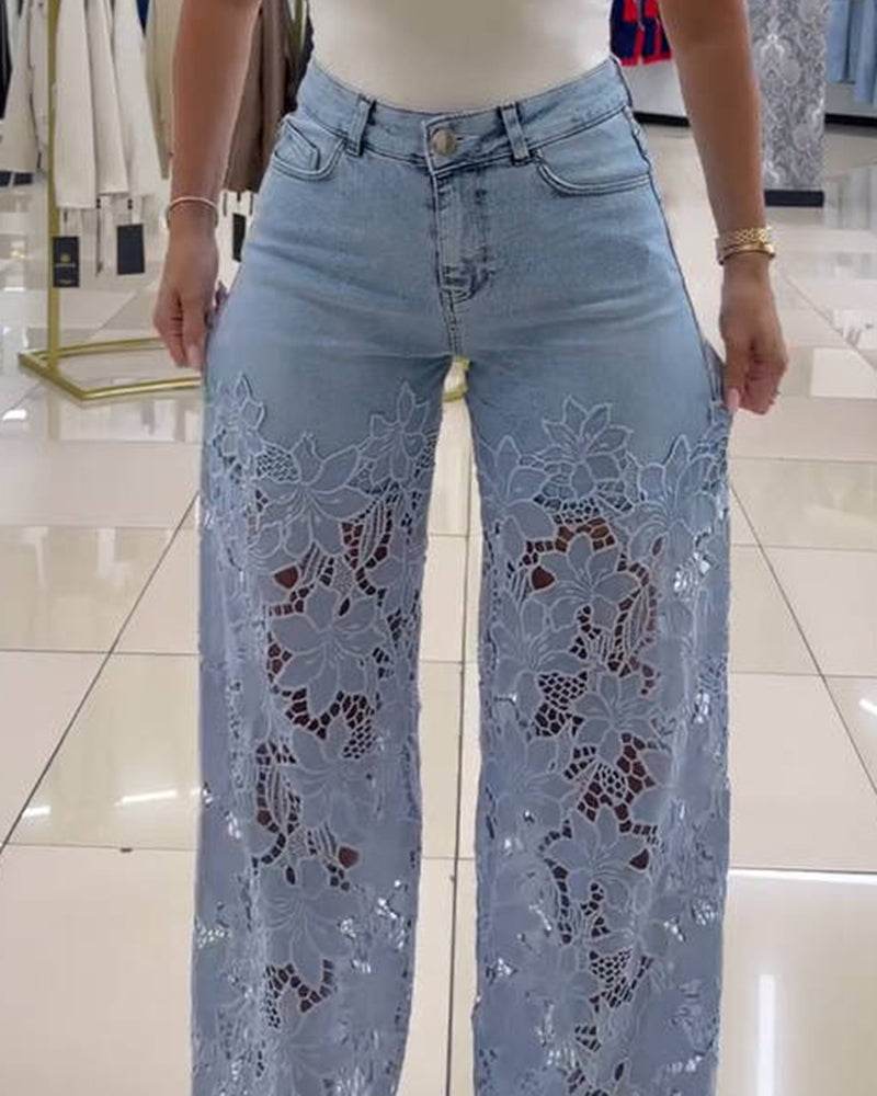 Jeans de mezclilla con recortes florales y encaje Shapshe® de pierna ancha para mujer