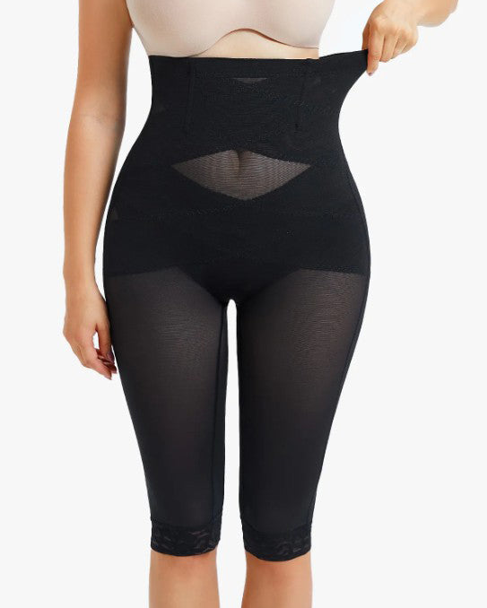 Pantalones Moldeadores de Malla Transparente con Encaje y Cintura Alta para Mujer