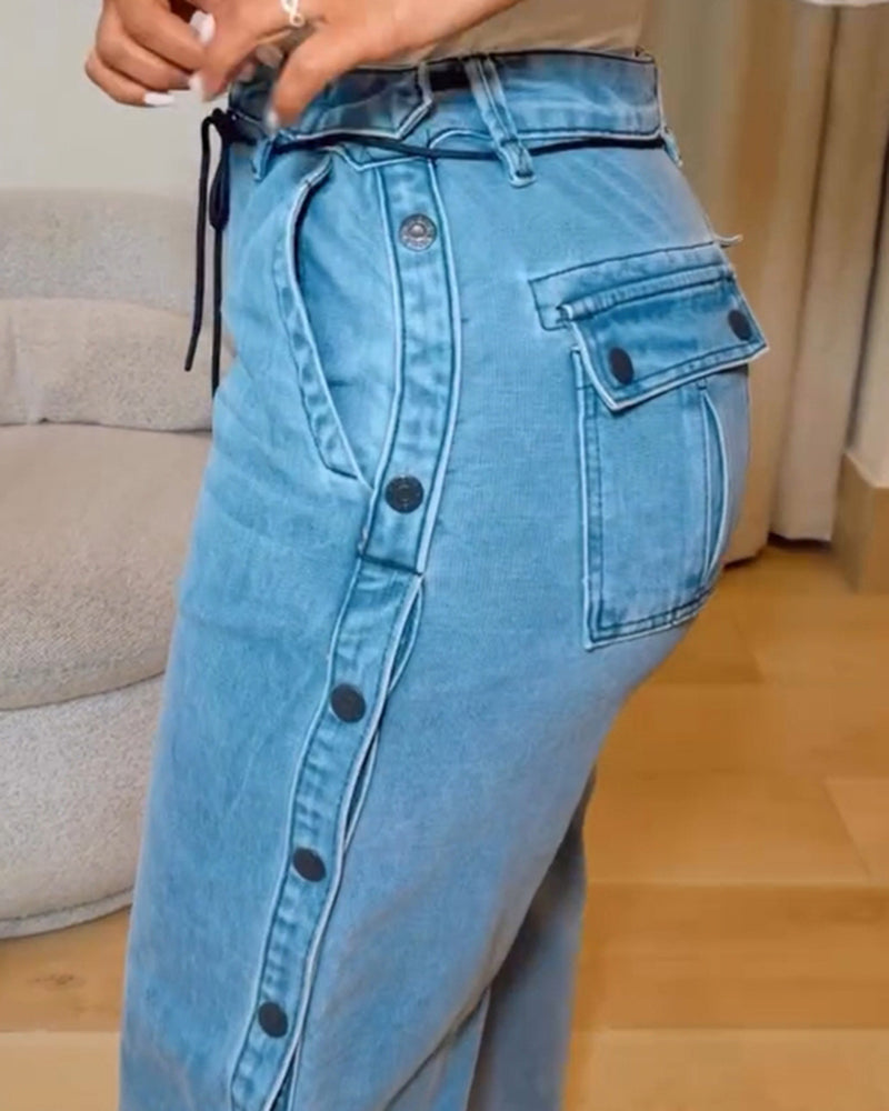 Shapshe® Straight Leg Wide Legs High Waist Baggy Side Snap Button Jeans