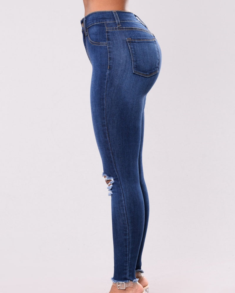 Jeans Ajustados de Cintura Alta, Elásticos, Suaves, de Corte Slim, Estilo Retro Desgastado