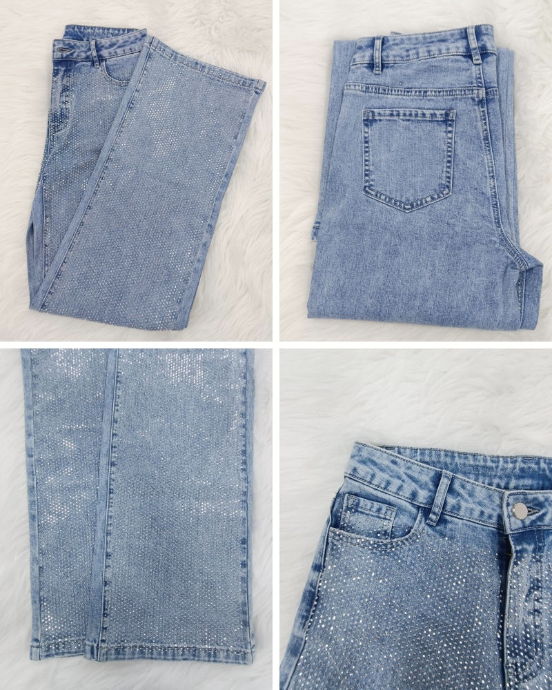 Jeans de pierna ancha versátiles de moda para mujer Shapshe® con pedrería