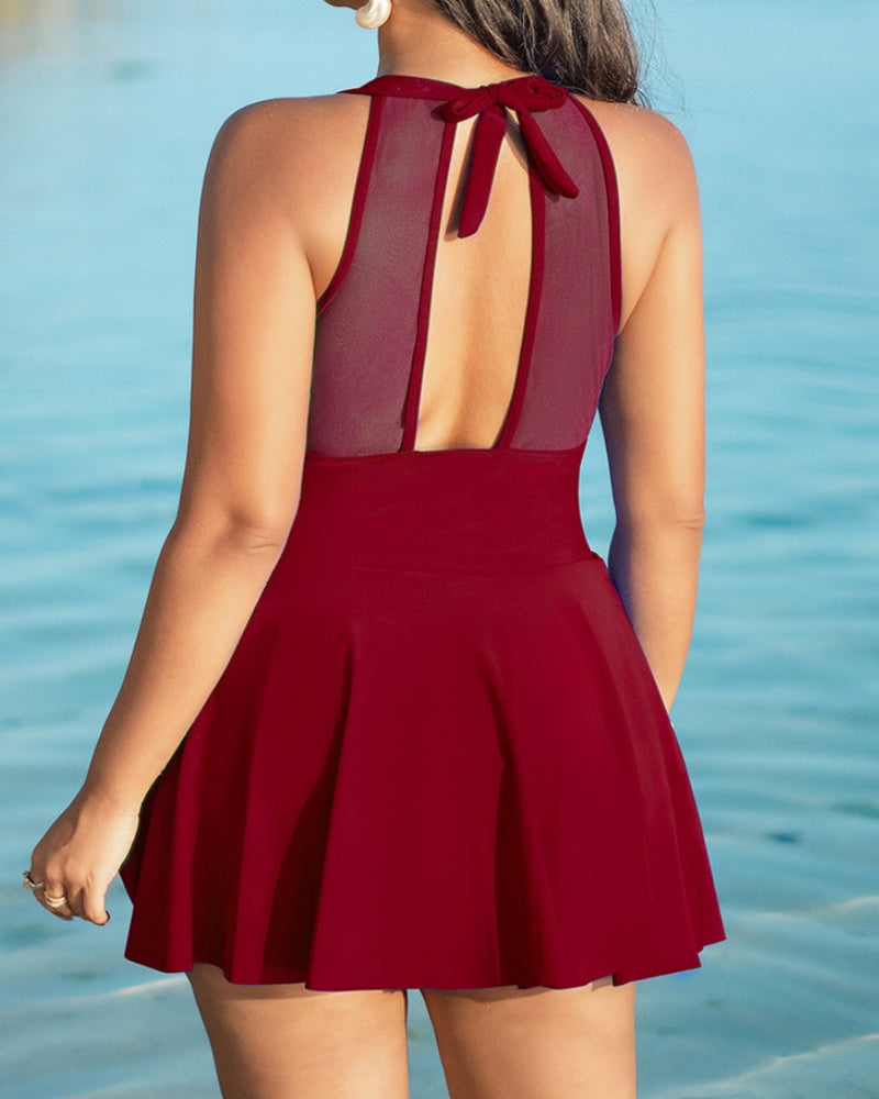 Traje de baño de talla grande con cuello halter, panel de malla, control de abdomen y lazo lateral