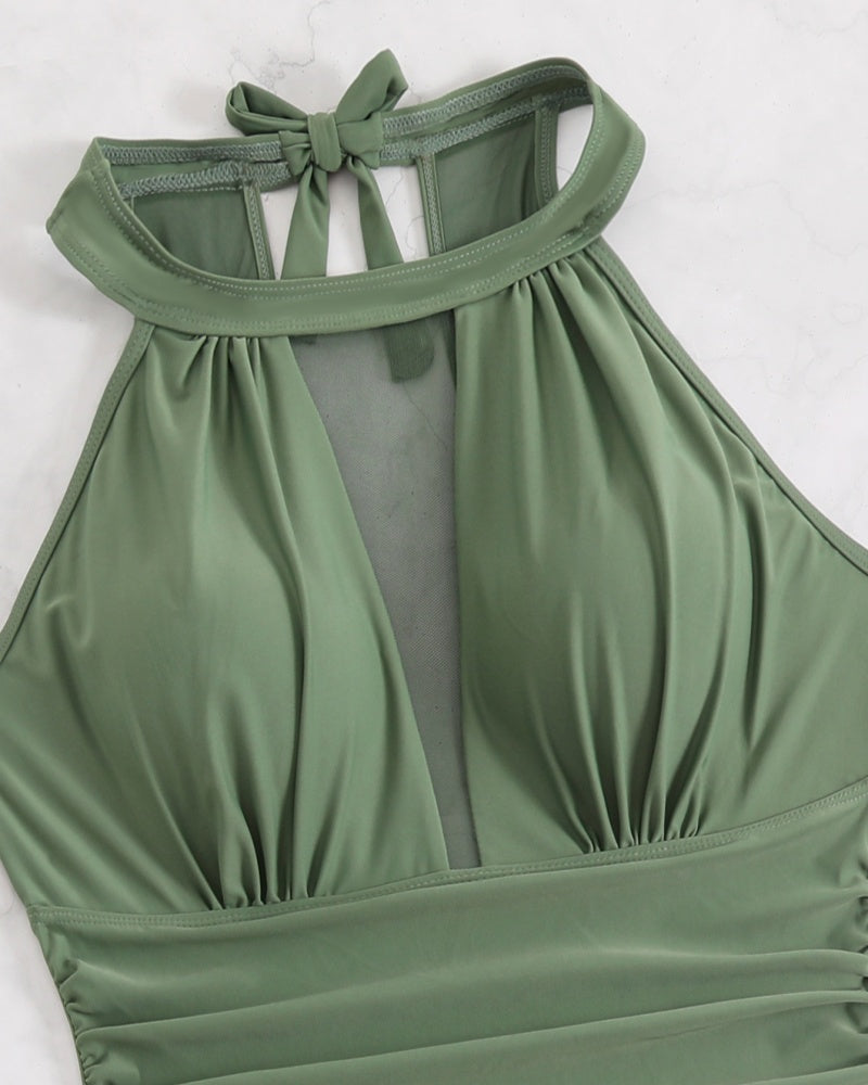 Traje de baño de talla grande con cuello halter, panel de malla, control de abdomen y lazo lateral