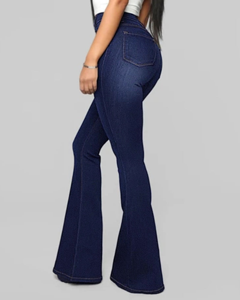 Jeans de Moda de Cintura Alta, Levanta Caderas, Ajustados y Acampanados Lavados
