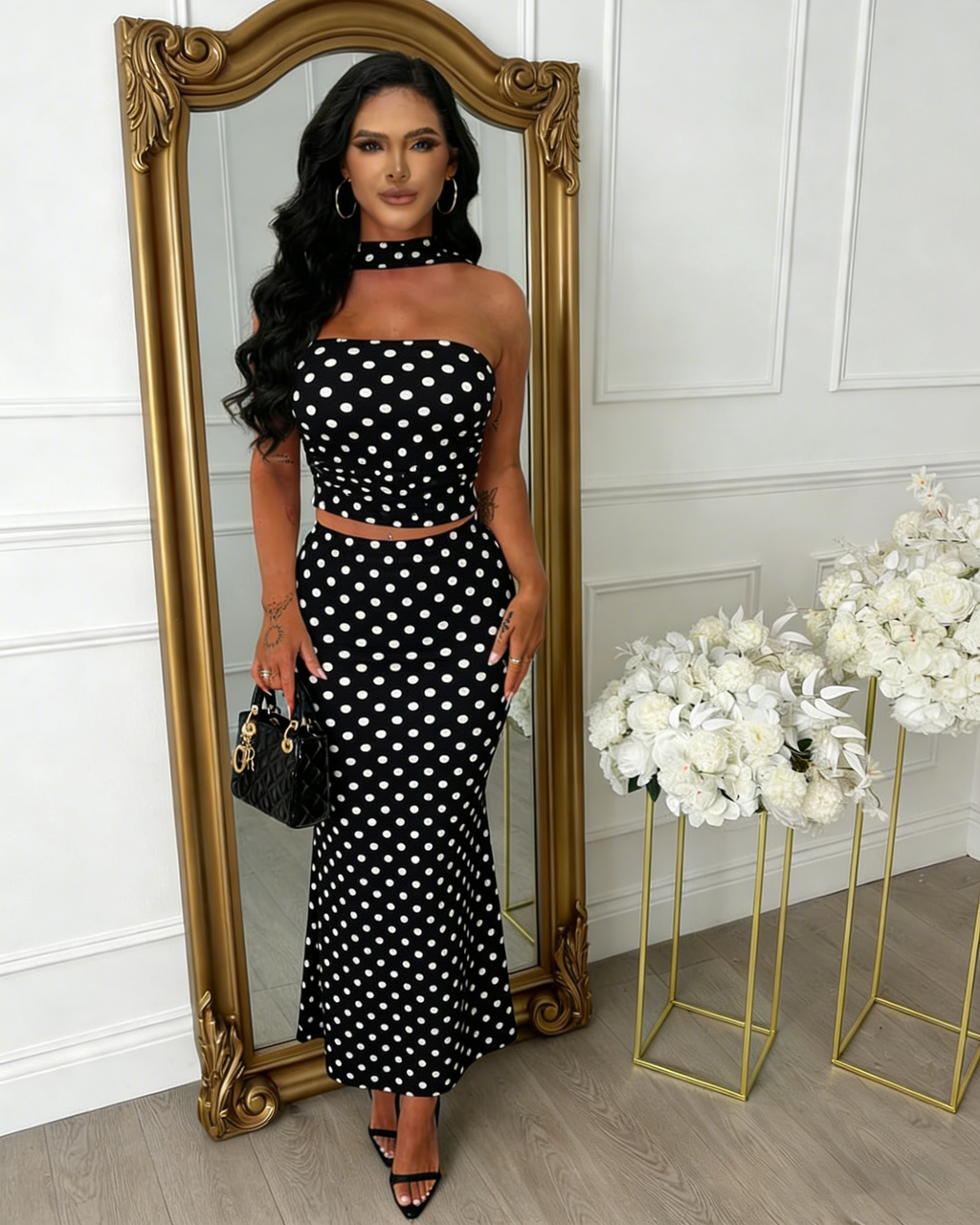 Conjunto de Vestido Ajustado con Lunares