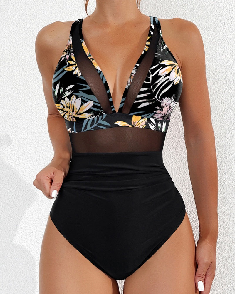 Sexy Deep V Mesh Backless One Piece Shapewear Swimsuit