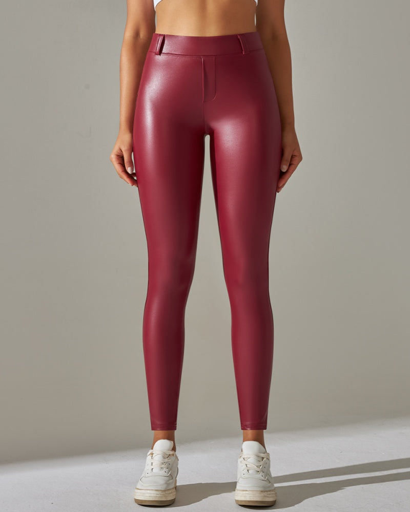 Pantalones de cuero PU de cintura alta ajustados para deportes y yoga slim
