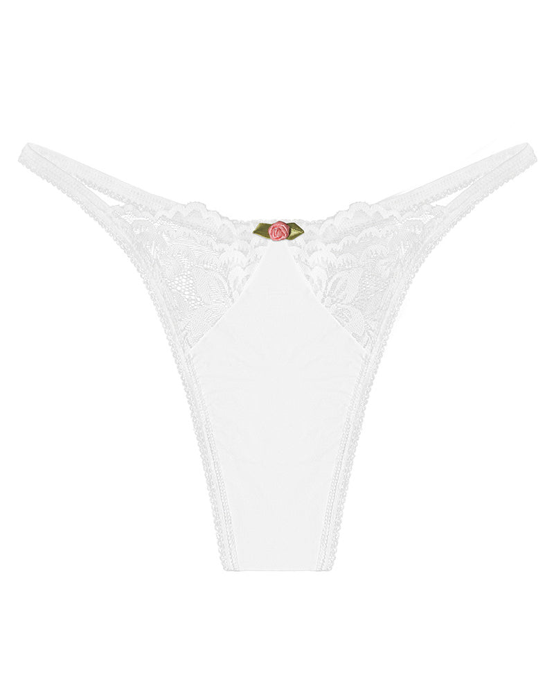 Tanga Sexy Elástica con Encaje Hueco, Cintura Baja y Decoración de Flores, Bikini