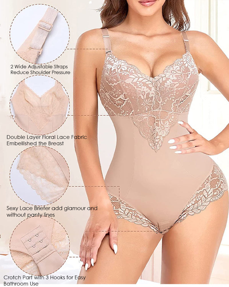 Body moldeador de cuerpo completo con control de abdomen, escote en V y encaje