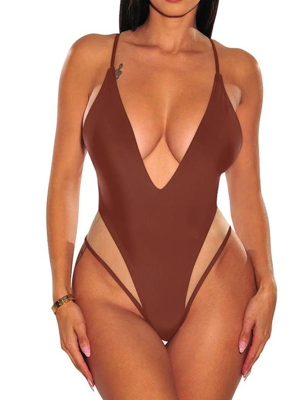 Traje de baño moldeador con tirantes finos, escote en V profundo y combinación de malla sexy