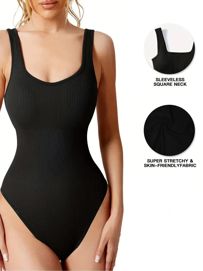 Body de Moldeador Femenino Sexy Sin Mangas con Cuello Cuadrado y Diseño Acanalado