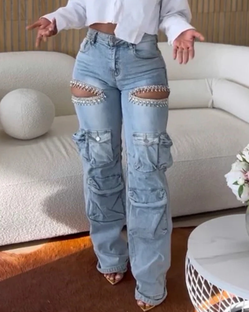 Jeans Cargo de Mezclilla con Recortes y Ribete Lavado Estilizado con Strass