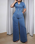 Women's Casual Short Sleeve Loose Straight Leg Denim Jumpsuits with Pockets