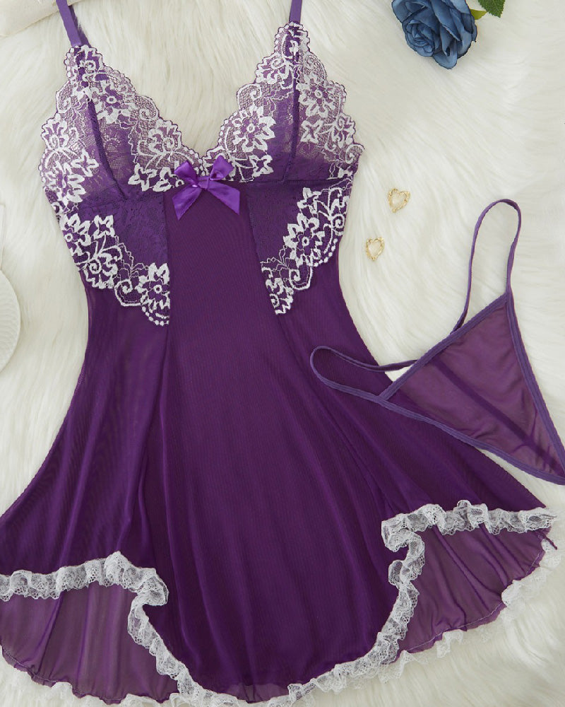 Conjunto de Lencería con Vestido de Dormir de Encaje y Lazo, Tanga, Tirantes Finos y Escote en V