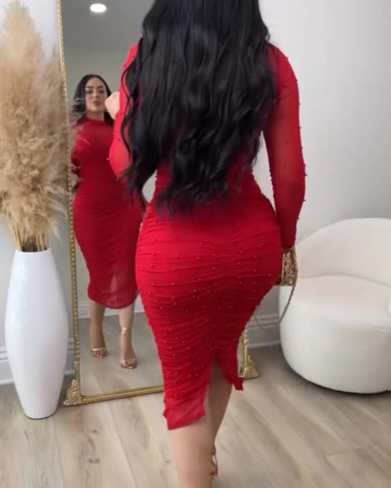 Vestido Midi Ajustado con Paneles de Malla Elegante, Fruncido y Cuello Simulado