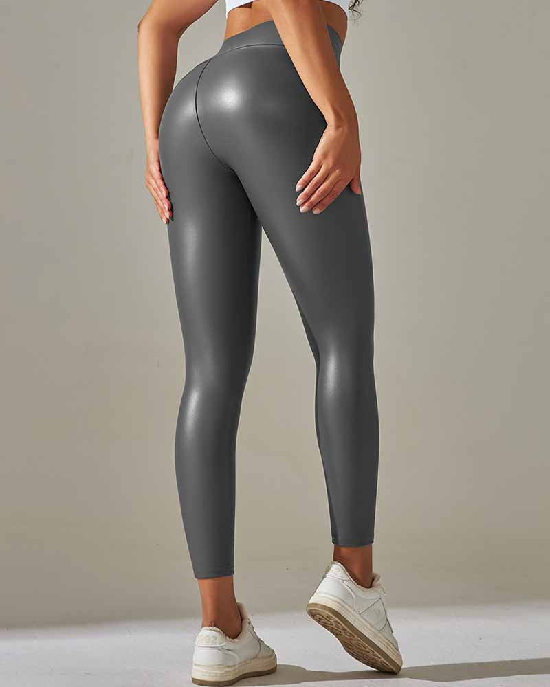 Pantalones ajustados de cuero PU elásticos de tiro alto para mujer con sensación desnuda
