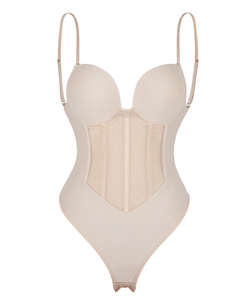 Corsé Sexy de Malla Moldeadora Body Sin Espalda con Tanga y Sostén Incorporado