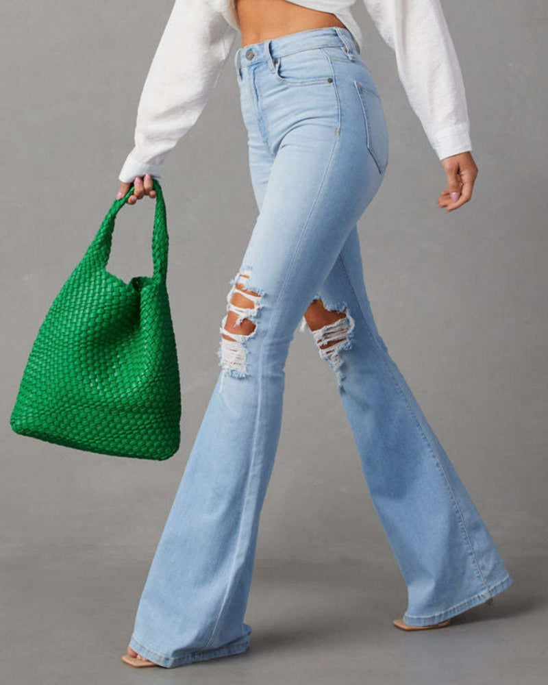 Jeans Rotos de Tiro Alto para Mujer Estilo Urbano Pantalones Acampanados