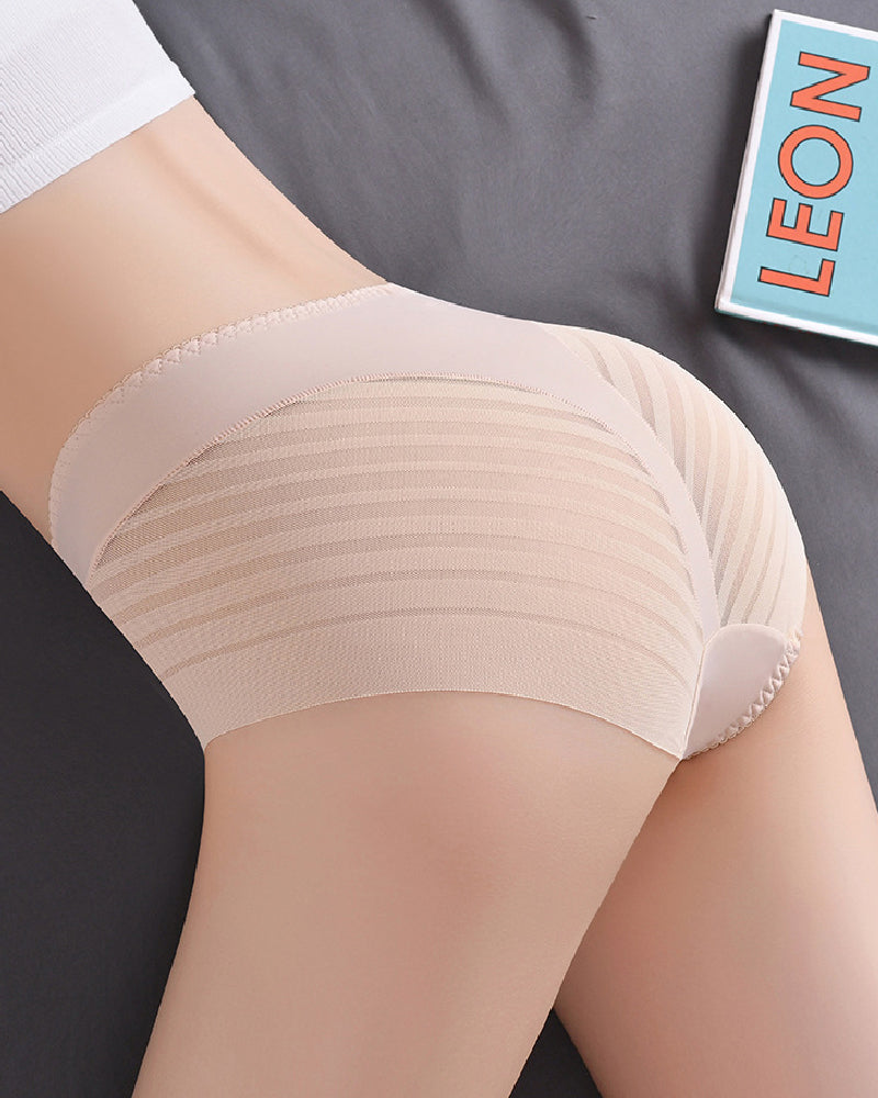 Ropa interior femenina sexy sin costuras con rayas huecas de malla, tanga de cintura media moldeadora