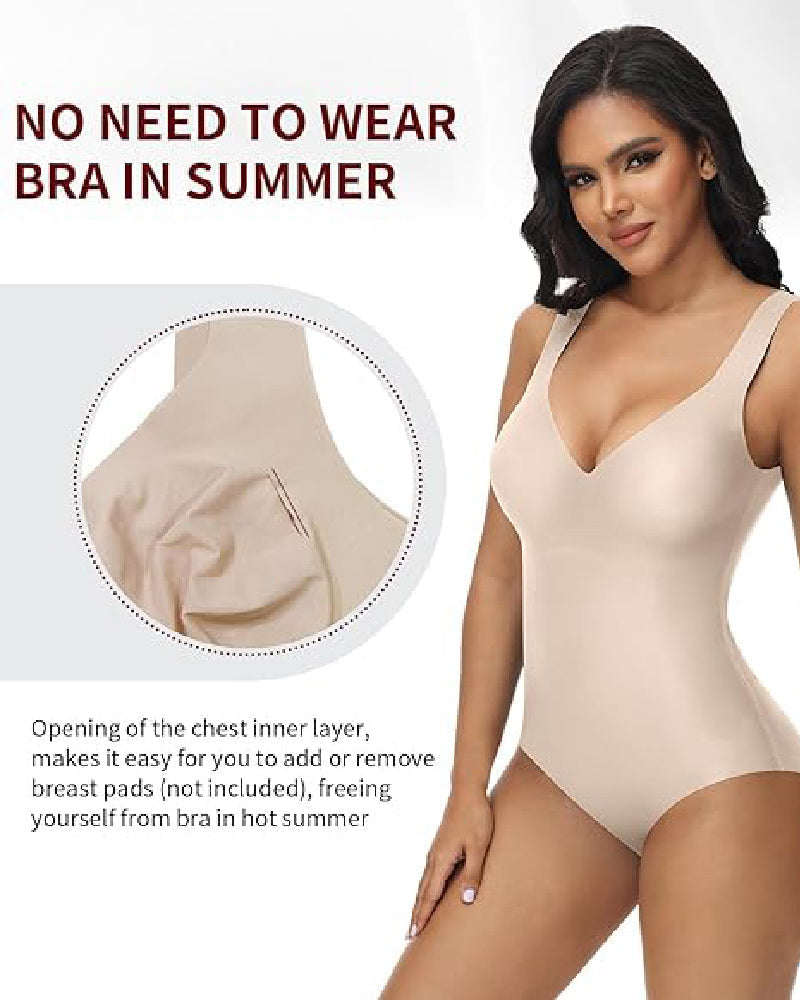 Shapshe® Body de Verano Sin Costuras de Seda Helada para Mujer con Control de Abdomen, Compresión y Escote en V