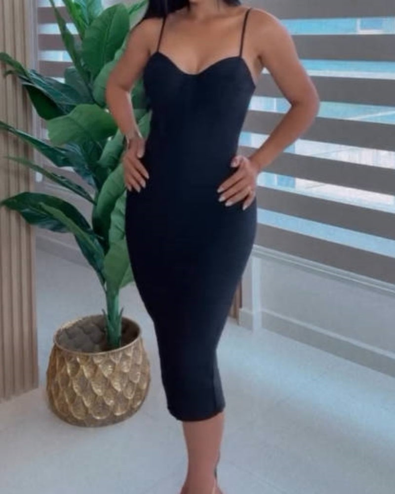 Vestido Midi Ajustado con Corset Fruncido y Tirantes Finos para Mujer