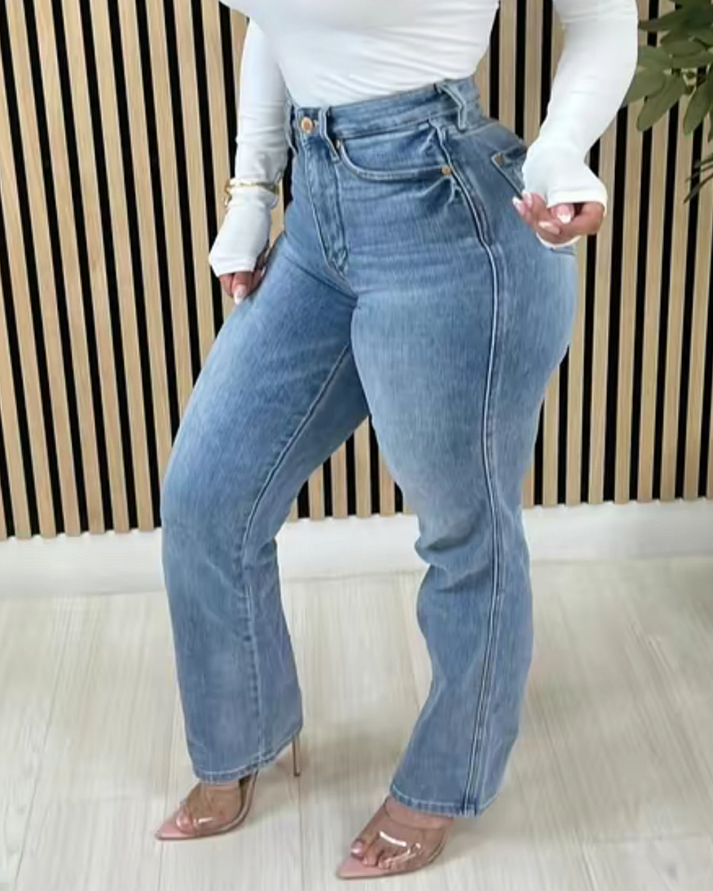 Jeans Acampanados de Cintura Alta Lavados con Control de Abdomen Elegantes