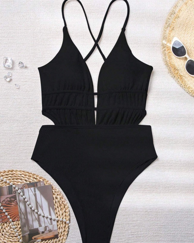 Sexy Backless Deep V Tummy Control Swimsuit Back Lace Up