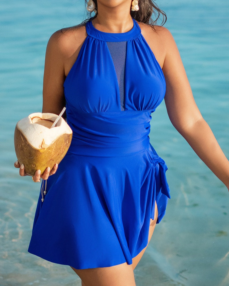 Traje de baño de talla grande con cuello halter, panel de malla, control de abdomen y lazo lateral