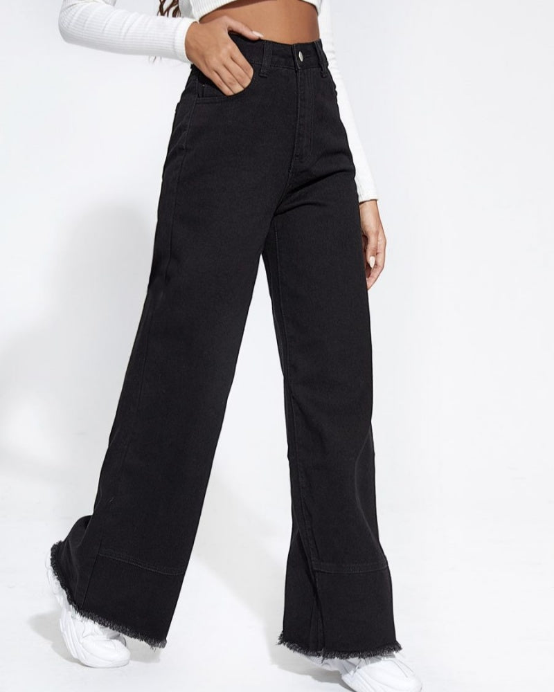 Jeans de pierna ancha, cintura alta, parche, borde sin terminar, pantalones sueltos