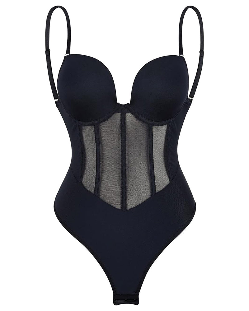 Corsé Sexy de Malla Moldeadora Body Sin Espalda con Tanga y Sostén Incorporado