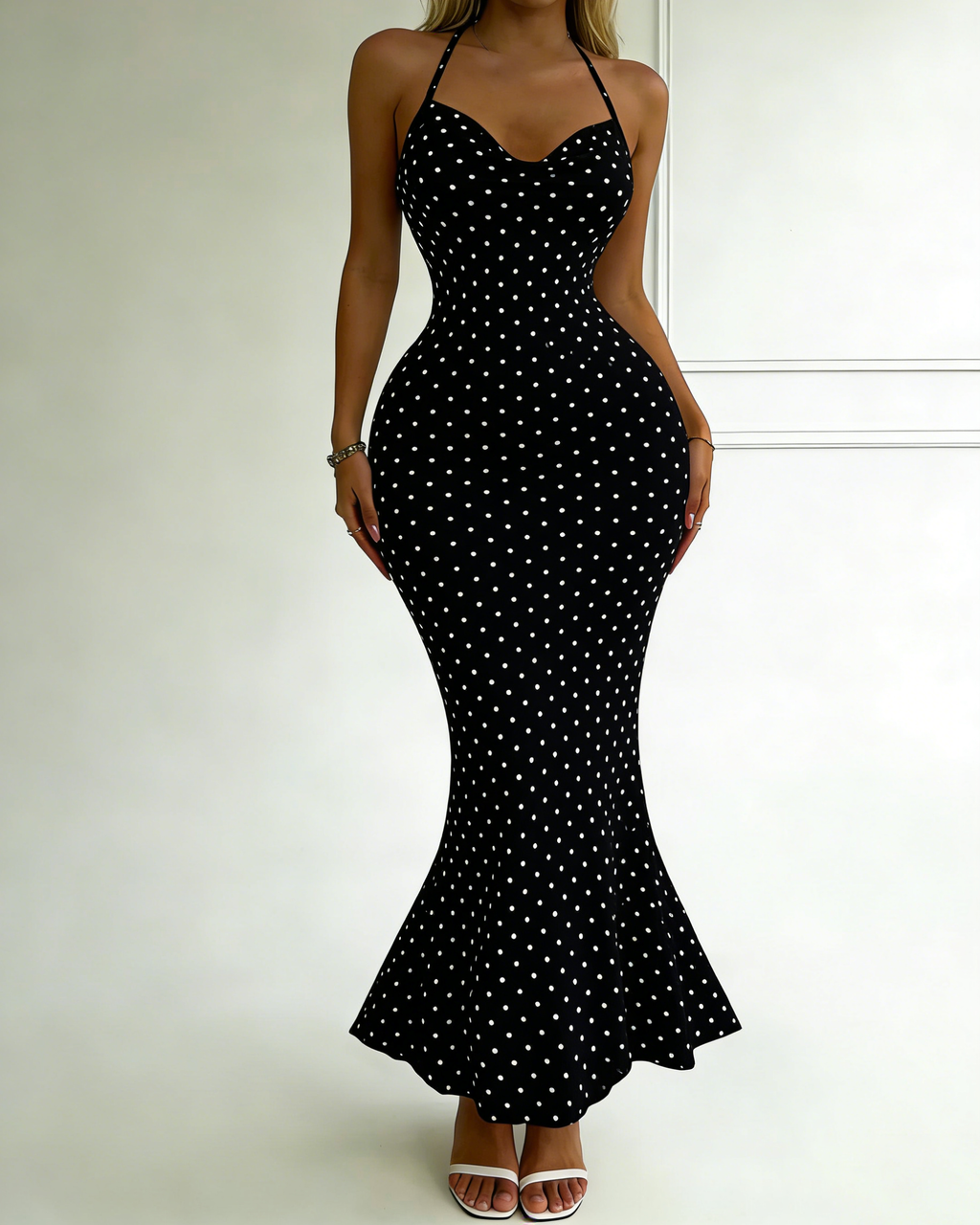 Vestido Ajustado Femenino Elegante y Sexy con Tirantes Finos y Estampado de Lunares