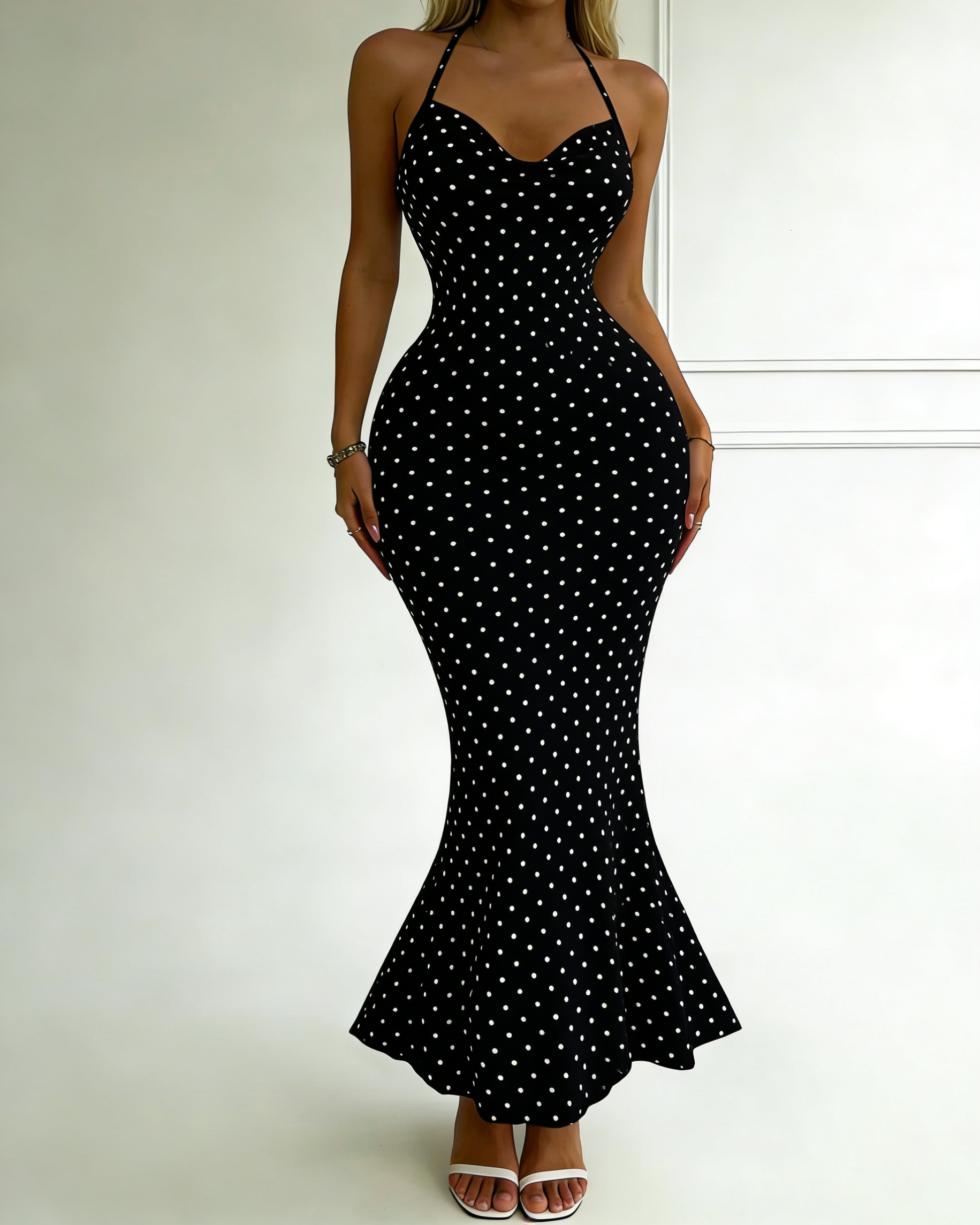 Vestido Ajustado Femenino Elegante y Sexy con Tirantes Finos y Estampado de Lunares