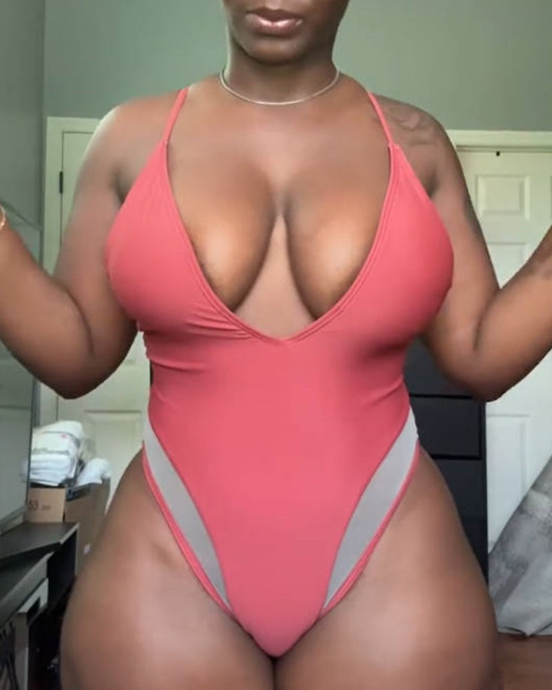Traje de baño moldeador con tirantes finos, escote en V profundo y combinación de malla sexy