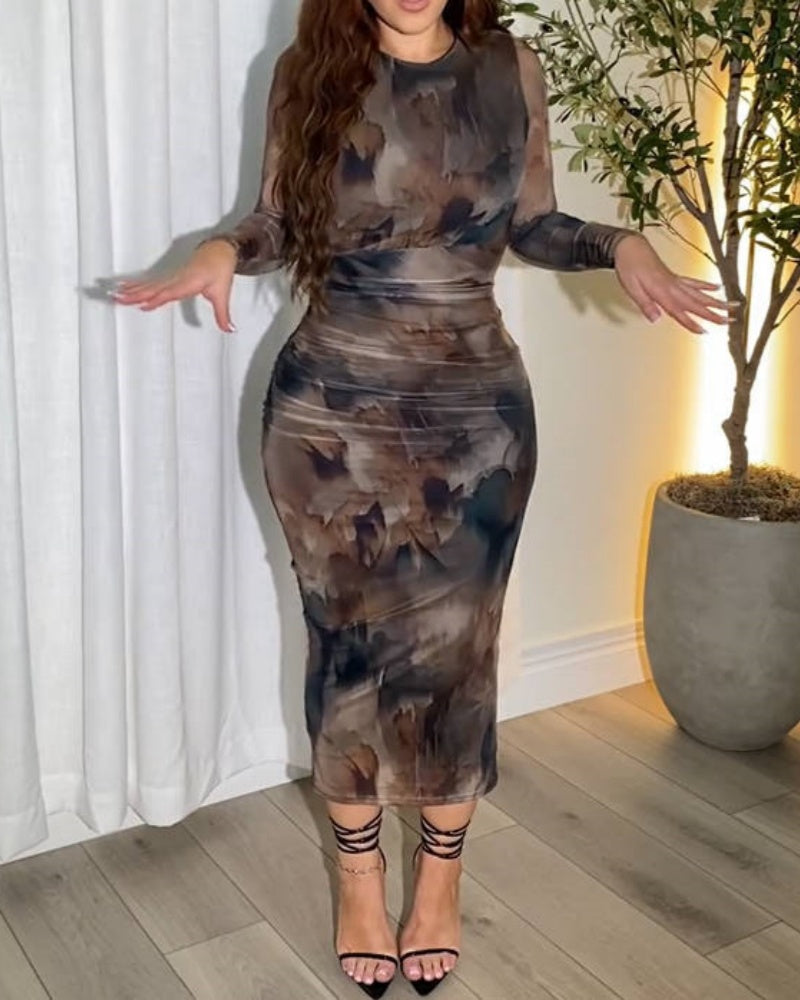 Vestido Midi Bodycon de Malla con Mangas Largas Tie Dye