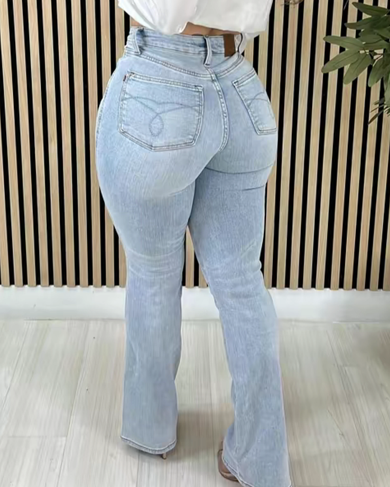 Jeans Acampanados de Cintura Alta Lavados con Control de Abdomen Elegantes