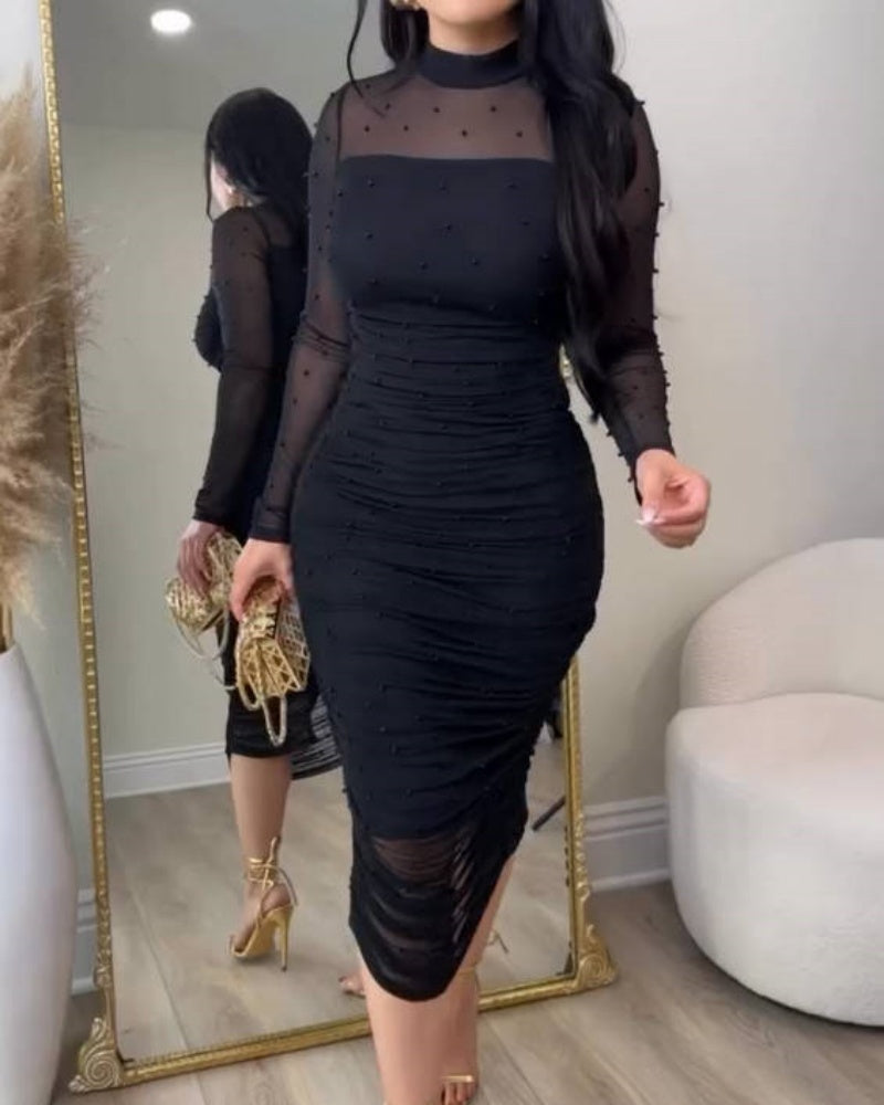 Vestido Midi Ajustado con Paneles de Malla Elegante, Fruncido y Cuello Simulado
