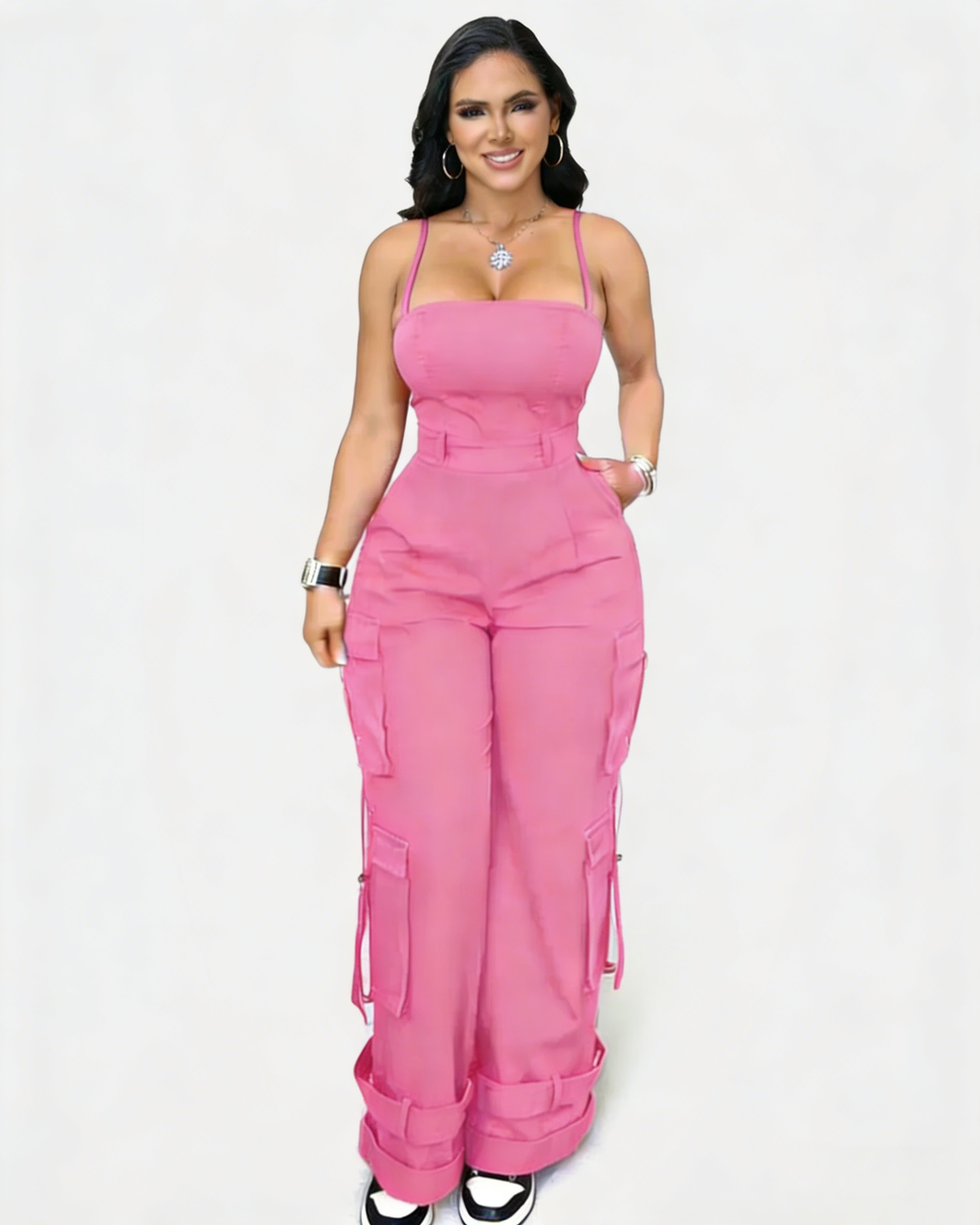Mono de pierna ancha con bolsillos para mujer casual, curvy, holgado, estilo cargo, enterizo, peto
